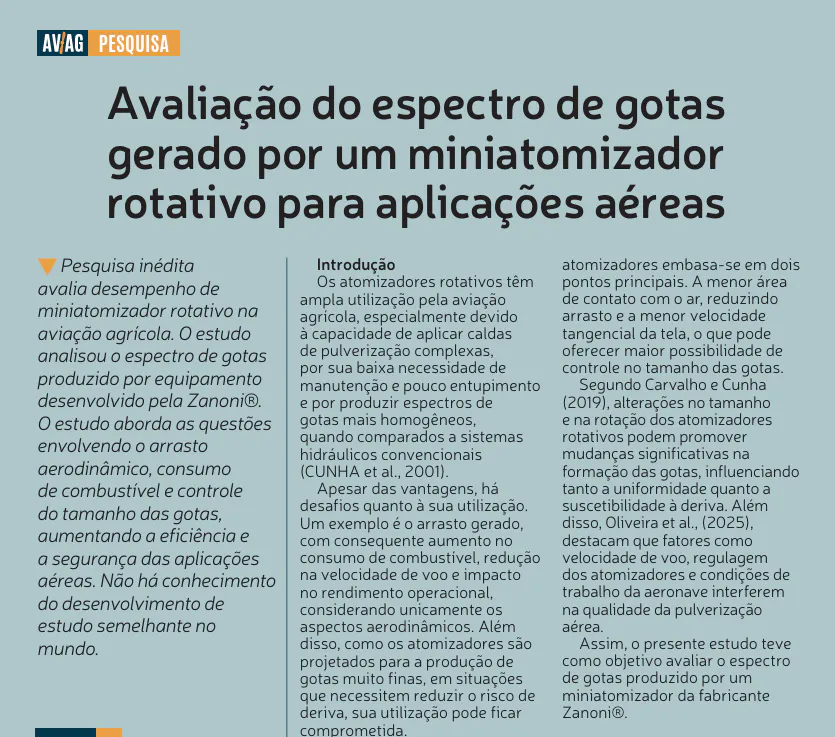 Avaliação do espectro de gotas gerado por um miniatomizador rotativo para aplicações aéreas